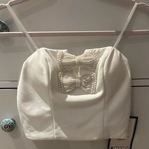 White Crop Top with Pearl Bows